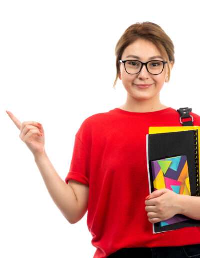 VSMR Visas front-view-young-beautiful-lady-red-t-shirt-black-jeans-holding-different-copybooks-files-smiling-with-bag-white